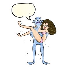 cartoon swamp monster carrying woman in bikini with speech bubbl N4
