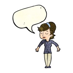 cartoon friendly woman shrugging shoulders with speech bubble N4