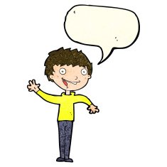 cartoon happy boy waving with speech bubble N7