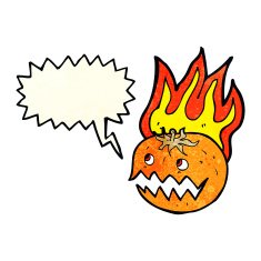 cartoon flaming pumpkin with speech bubble N2