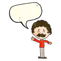 cartoon man with mustache waving speech bubble N11