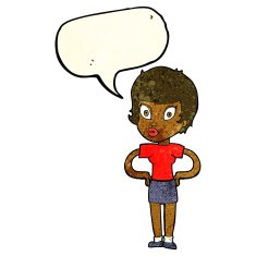 cartoon woman with hands on hips speech bubble N77