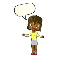 cartoon woman shrugging shoulders with speech bubble N178