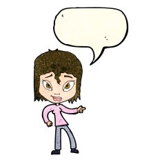 cartoon relaxed woman pointing with speech bubble N4