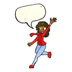 cartoon woman waving dressed for winter with speech bubble N2