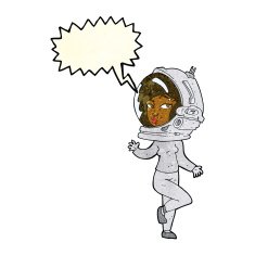 cartoon woman wearing space helmet with speech bubble N8