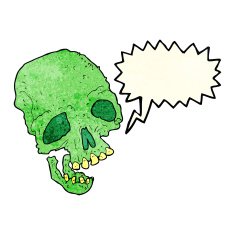 cartoon ancient spooky skull with speech bubble N2