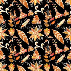 Seamless texture with bright ornaments vegetation and insects on