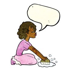 cartoon woman scrubbing floor with speech bubble N2