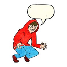 cartoon mischievous boy in hooded top with speech bubble N4