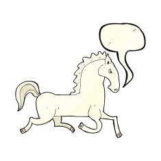 cartoon running white stallion with speech bubble N2