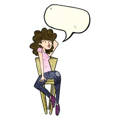 cartoon woman posing on chair with speech bubble N7