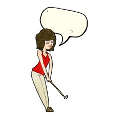 cartoon woman playing golf with speech bubble N8