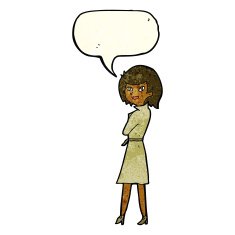 cartoon woman in trench coat with speech bubble N12