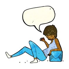 cartoon woman leaning on package box with speech bubble N3