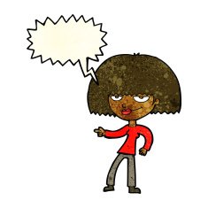 cartoon happy woman pointing with speech bubble N25