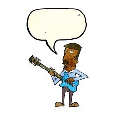 cartoon man playing electric guitar with speech bubble N4