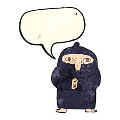 cartoon monk in robe with speech bubble N4