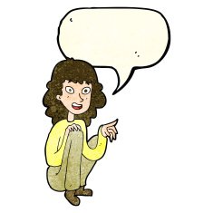 cartoon happy woman sitting and pointing with speech bubble N4
