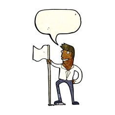 cartoon man planting flag with speech bubble N3