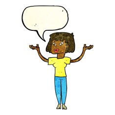 cartoon woman holding up hands with speech bubble N7