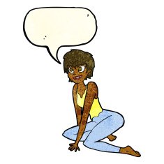 cartoon happy woman sitting on floor with speech bubble N7