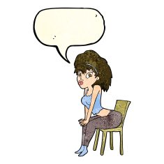 cartoon woman posing on chair with speech bubble N8