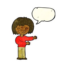 cartoon woman gesturing welcome with speech bubble N3