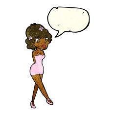 cartoon woman posing in dress with speech bubble N14