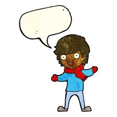cartoon boy in winter clothes with speech bubble N3