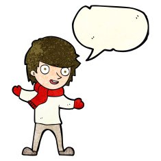 cartoon boy in winter clothes with speech bubble N4