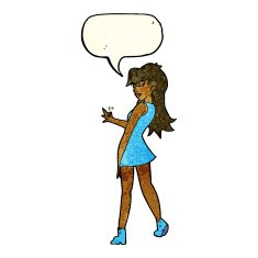 cartoon woman posing in dress with speech bubble N15