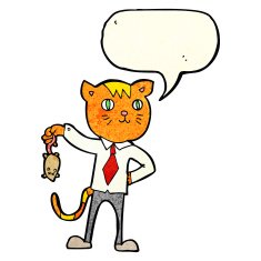 cartoon business cat with dead mouse speech bubble N3