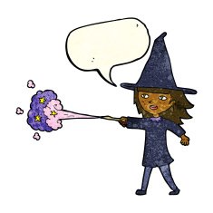 cartoon witch girl casting spell with speech bubble N5