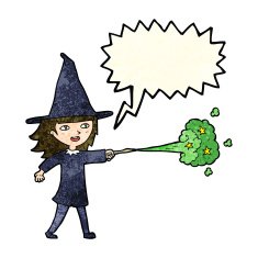 cartoon witch girl casting spell with speech bubble N6