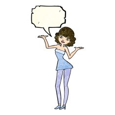 cartoon woman in cocktail dress with speech bubble N7