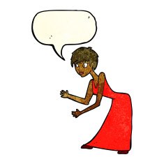 cartoon woman in dress gesturing with speech bubble N3