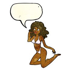 cartoon woman in underwear looking thoughtful with speech bubble N3