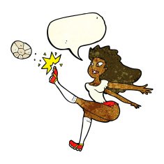 cartoon female soccer player kicking ball with speech bubble N3