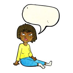 cartoon woman sitting on floor with speech bubble N3
