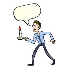 cartoon frightened man walking with candlestick speech bubb N3