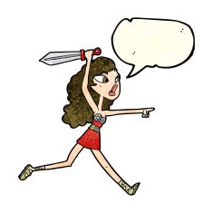 cartoon viking girl with sword speech bubble N2