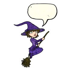 cartoon witch riding broomstick with speech bubble N8
