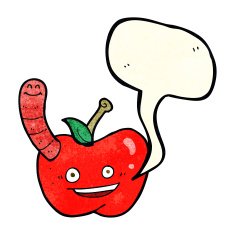 cartoon apple with worm speech bubble N14