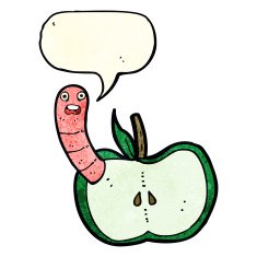 cartoon apple with worm speech bubble N15