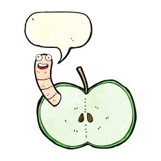 cartoon apple with worm speech bubble N16