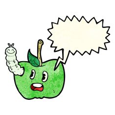 cartoon apple with bug speech bubble N8
