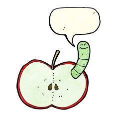cartoon apple with worm speech bubble N20