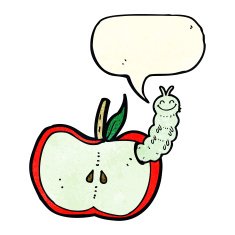 cartoon apple with bug speech bubble N10