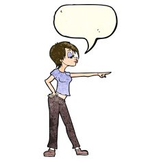 cartoon hip woman pointing with speech bubble N3